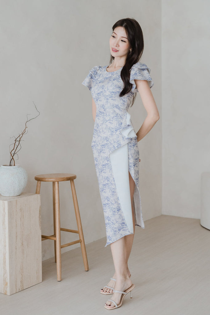 Restock: Daphne Cap Sleeves Ruffle Slit Dress - Porcelaine [XS/S/M/L/XL/XXL]