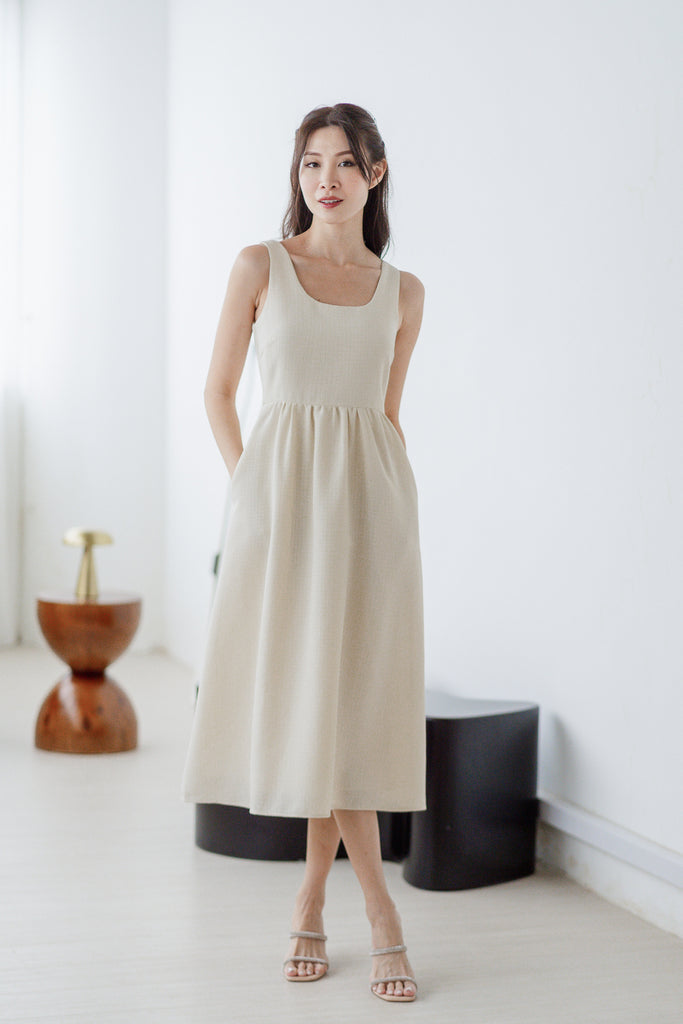 Yours Faithfully Tweed Scoop Neck Midi Dress - Cream [XS/S/M/L/XL/XXL]