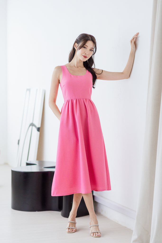Yours Faithfully Tweed Scoop Neck Midi Dress - Hot Pink [XS/S/M/L/XL/XXL]