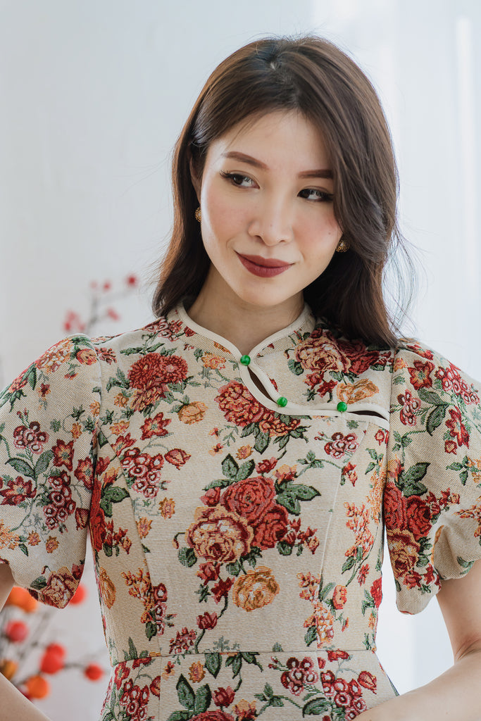 金玉满堂 Jinyu Jacquard Overlap Cheongsam - Vintage Floral [XS/S/M/L/XL/XXL]