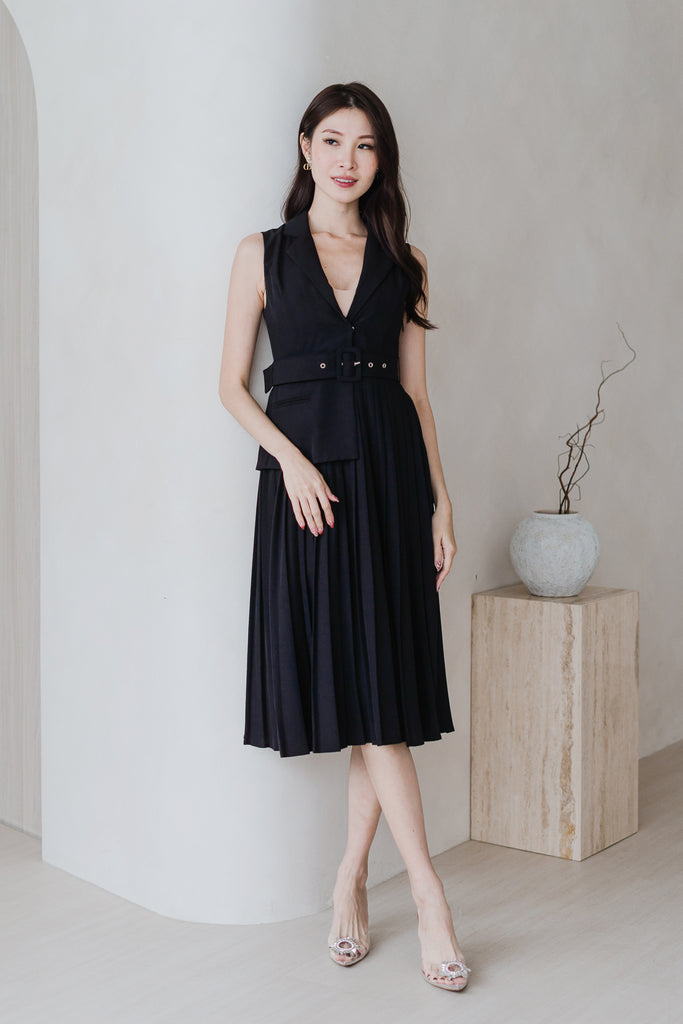 Amber Waistcoat Pleated Dress - Black [XS/S/M/L/XL]