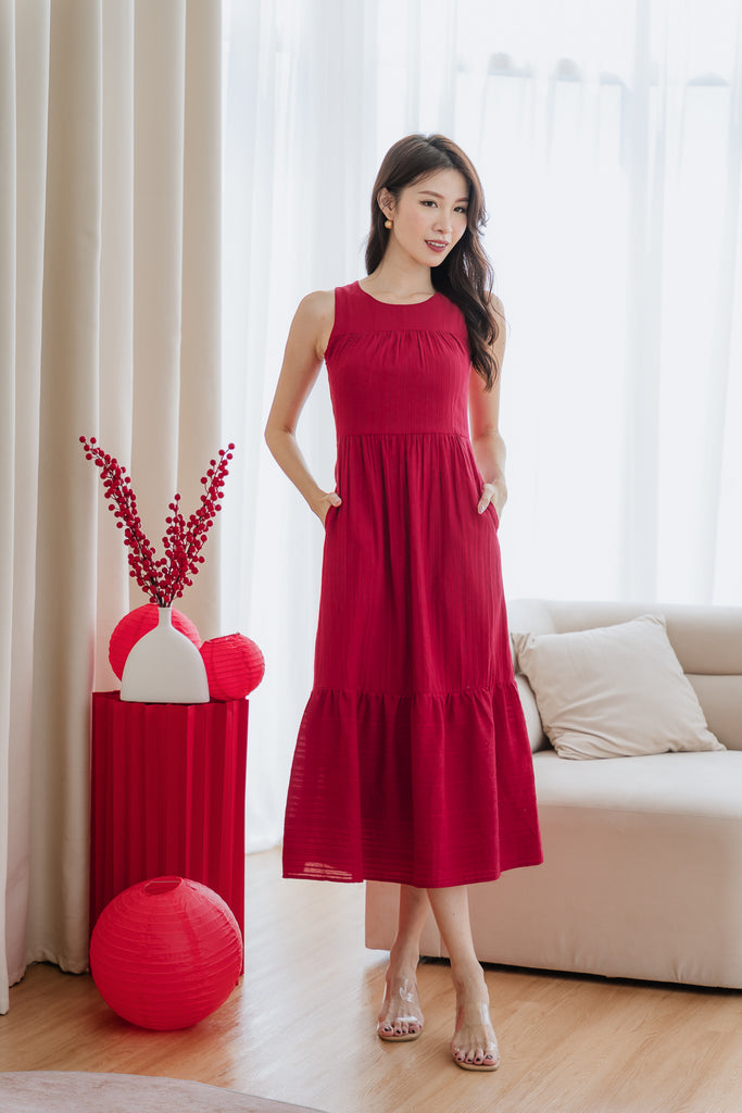 Colina Lattice Eyelet Tier Maxi Dress - Red [XS/S/M/L/XL/XXL]