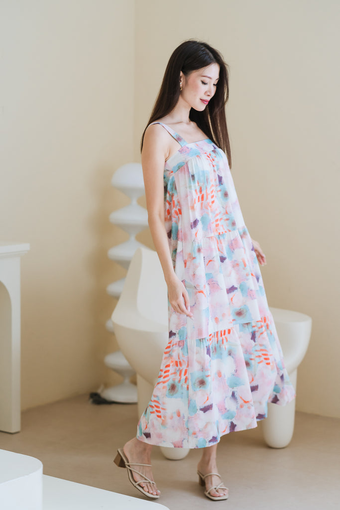 Almafi Abstract Tiered Maxi Dress - Pink [XS/S/M/L/XL]