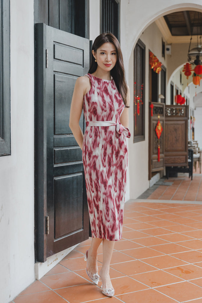 然 Ran Watercolour Pleated Detachable Collar Cheongsam Dress - Wine [XS/S/M/L]