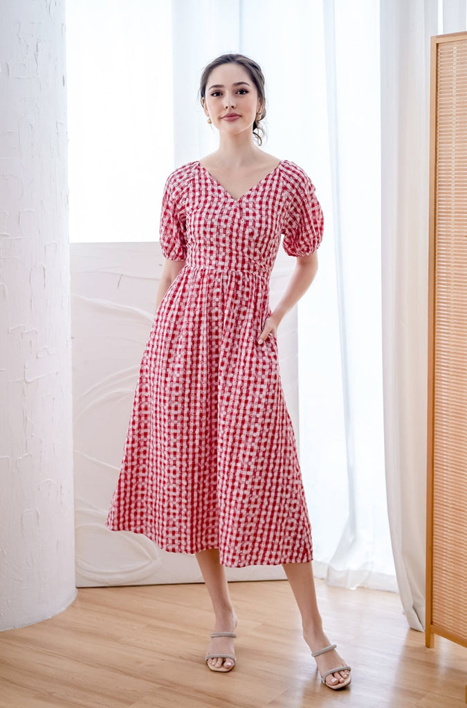 Kaisha Gingham Broidery Midi Dress - Red [XS/S/M/L/XL]