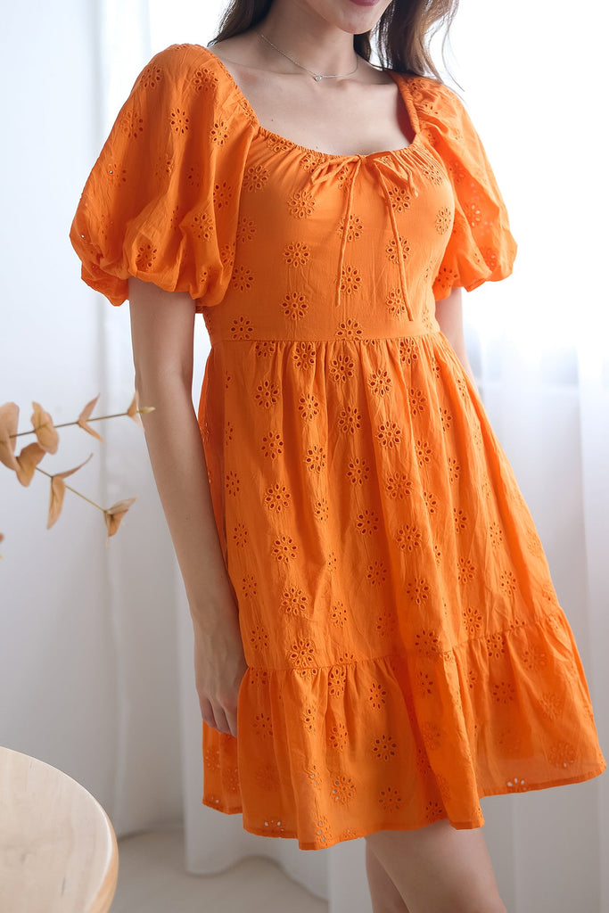 Debbie Eyelet Puffy Sleeves Dress Romper - Burnt Orange [XS/S/M/L/XL]