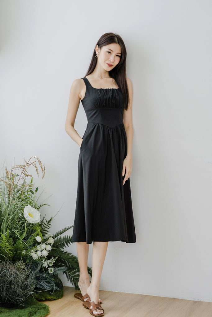 Silvana Ruche V-Waistline Dress - Black [XS/S/M/L/XL/XXL]