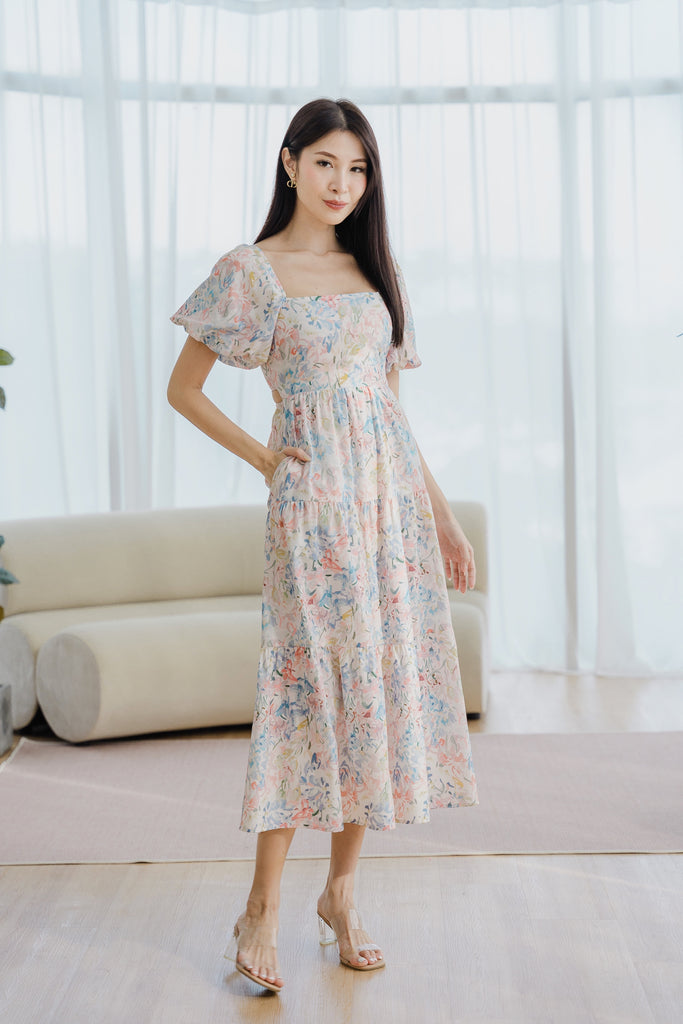 Derella Back Cut Out Tiered Maxi Dress - Pastel Floral [XS/S/M/L/XL/XXL]