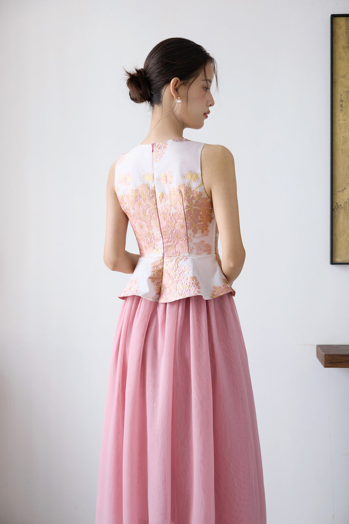 Prelaunch: 玉序 Jade Poise Peplum Mesh Cheongsam Dress - Pink [XS/S/M/L/XL/XXL]