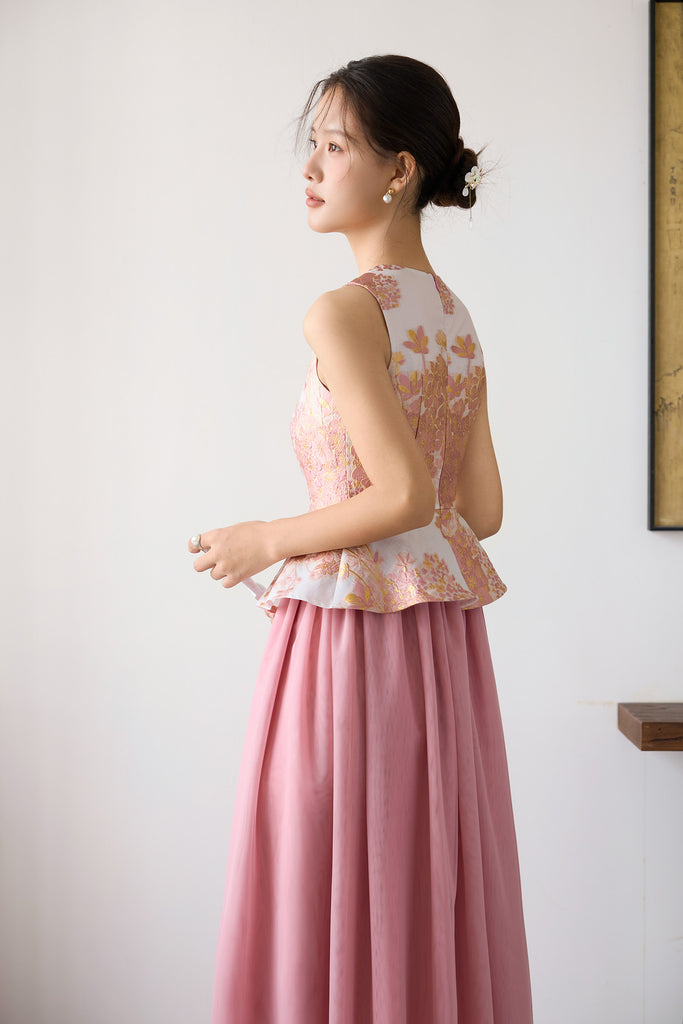 Prelaunch: 玉序 Jade Poise Peplum Mesh Cheongsam Dress - Pink [XS/S/M/L/XL/XXL]