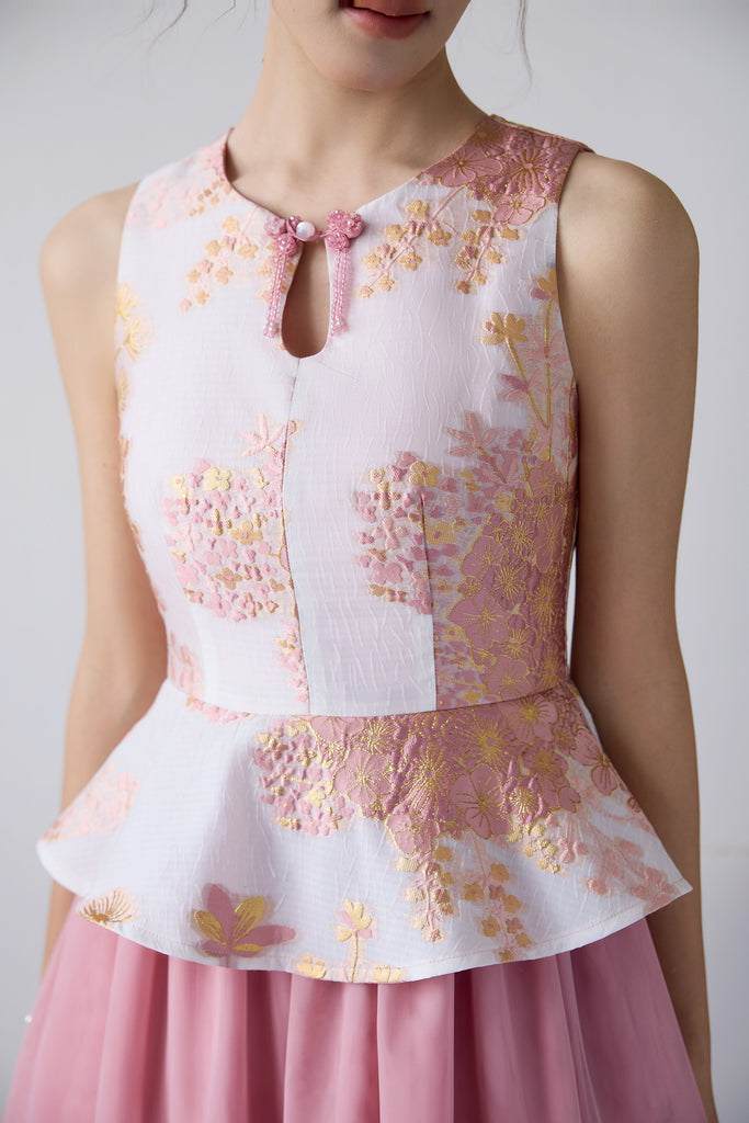 Prelaunch: 玉序 Jade Poise Peplum Mesh Cheongsam Dress - Pink [XS/S/M/L/XL/XXL]