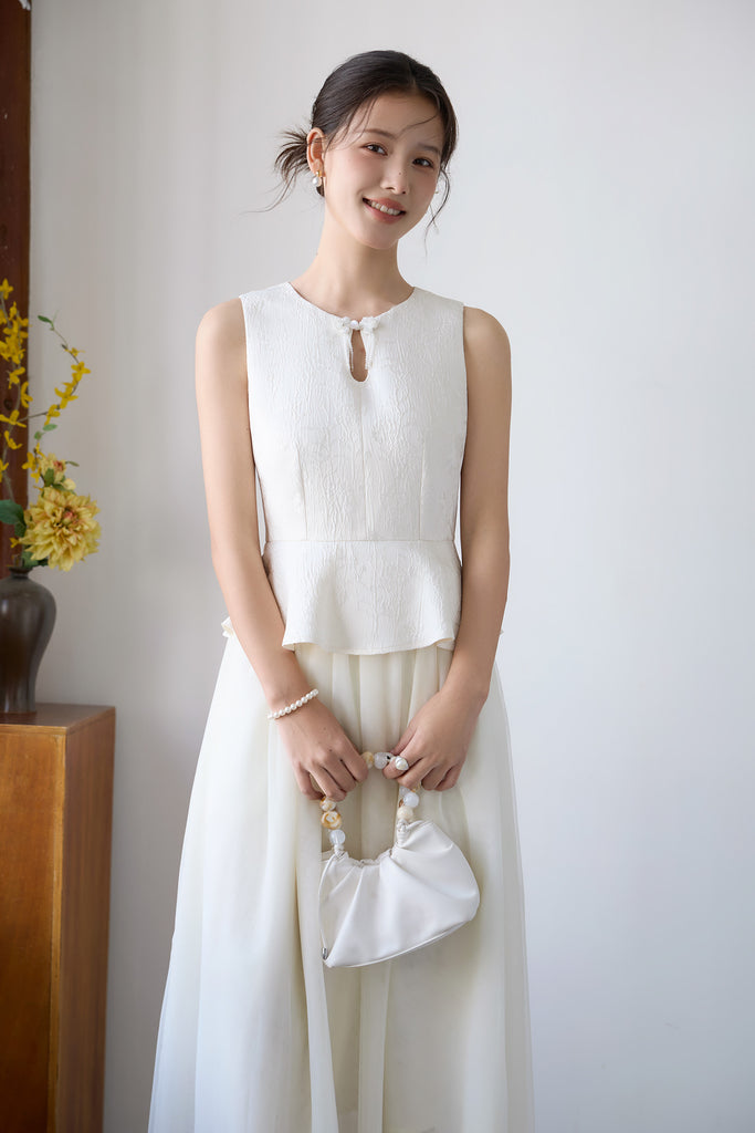 Prelaunch: 玉序 Jade Poise Peplum Mesh Cheongsam Dress - Ivory [XS/S/M/L/XL/XXL]