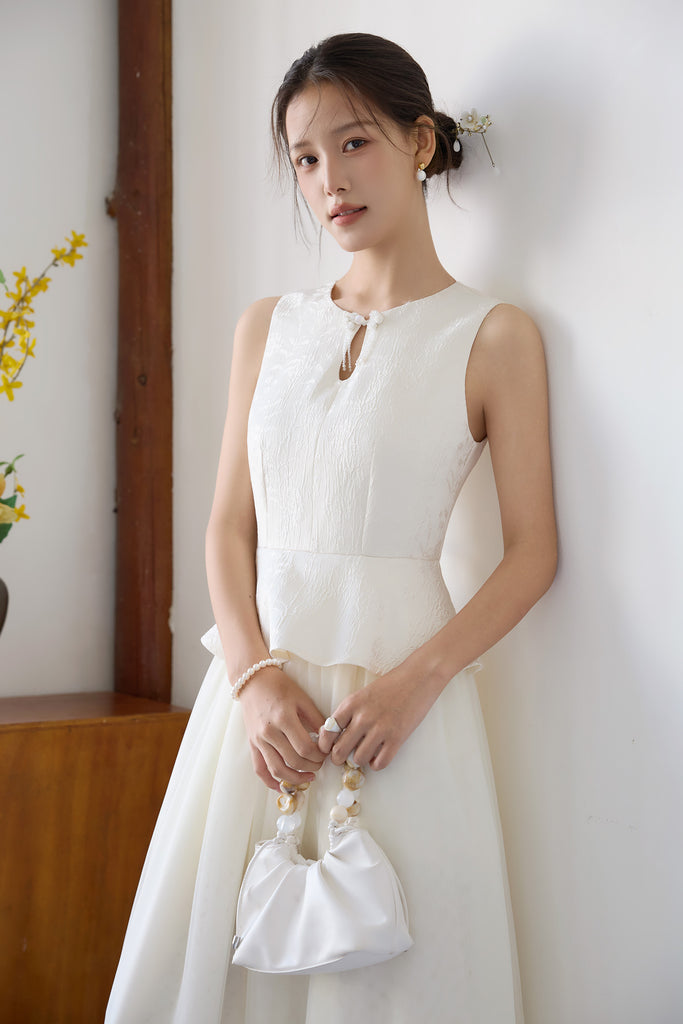 Prelaunch: 玉序 Jade Poise Peplum Mesh Cheongsam Dress - Ivory [XS/S/M/L/XL/XXL]
