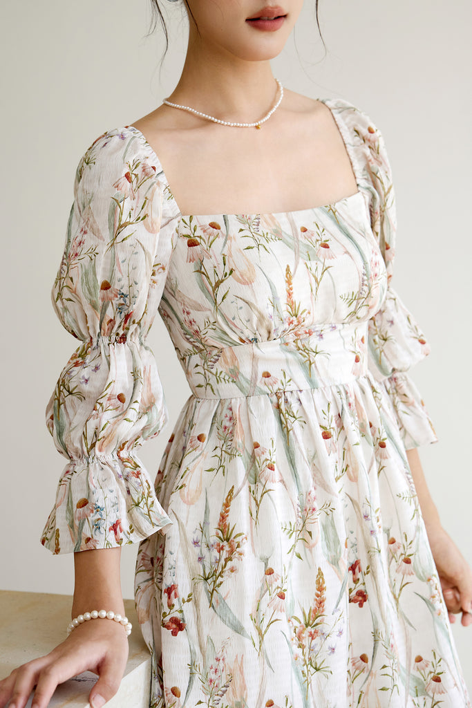 Prelaunch: Maison Bloom Padded Puffy Sleeves Dress - Floral [XS/S/M/L/XL/XXL]