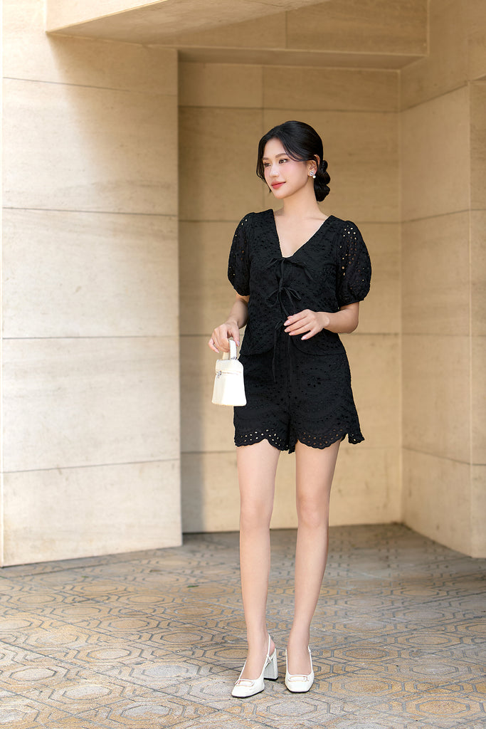 Cora Eyelet Tie Blouse - Black [XS/S/M/L/XL/XXL]