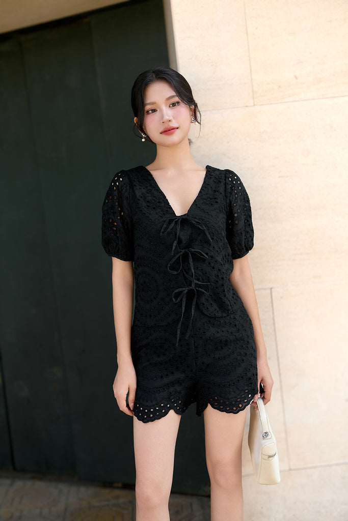 Cora Eyelet Tie Blouse - Black [XS/S/M/L/XL/XXL]