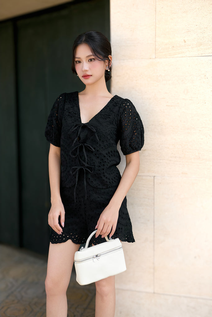 Cora Eyelet Tie Blouse - Black [XS/S/M/L/XL/XXL]