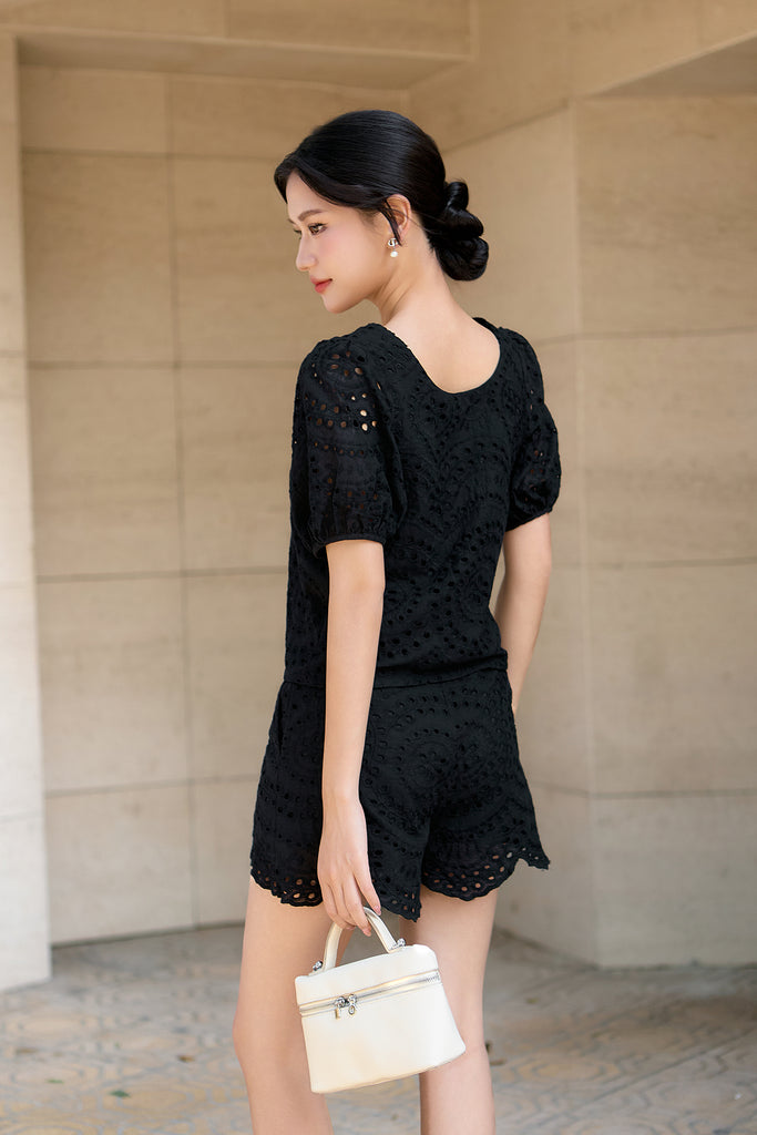 Cora Eyelet Tie Blouse - Black [XS/S/M/L/XL/XXL]