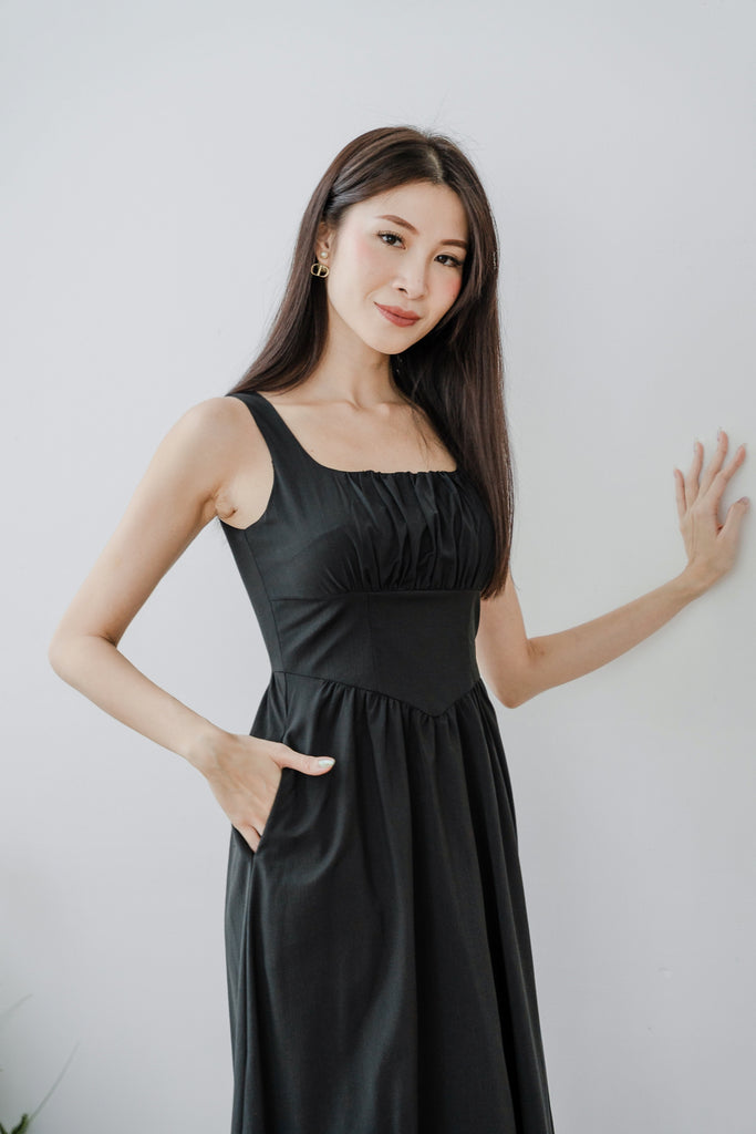 Silvana Ruche V-Waistline Dress - Black [XS/S/M/L/XL/XXL]