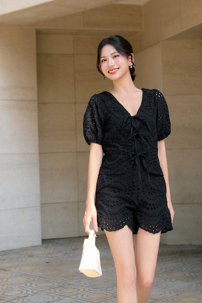 Cora Eyelet Tie Blouse - Black [XS/S/M/L/XL/XXL]