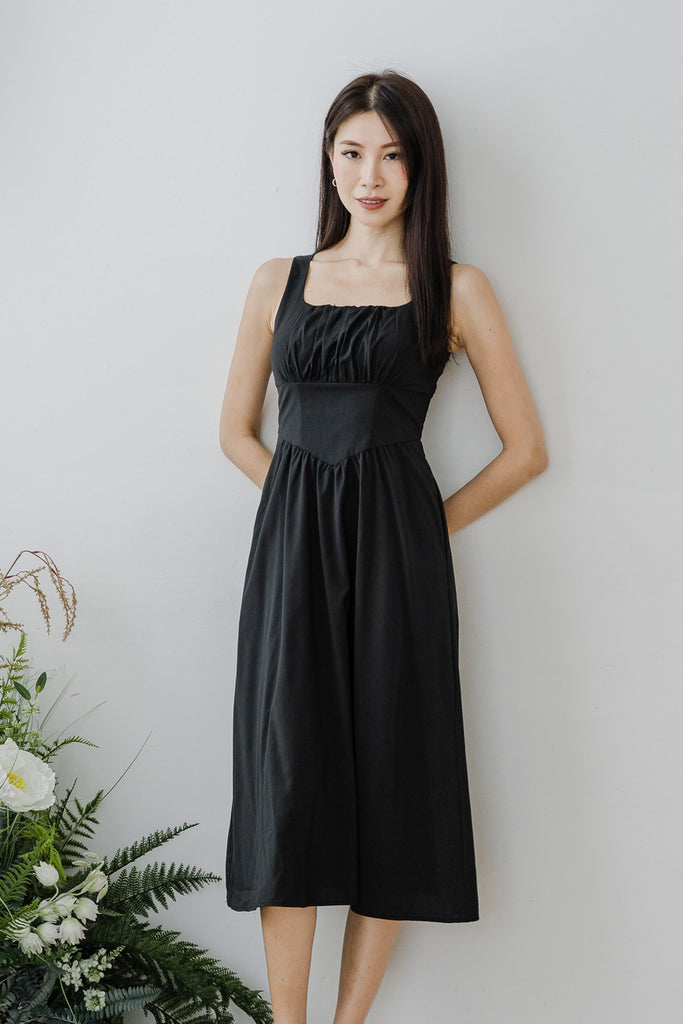 Silvana Ruche V-Waistline Dress - Black [XS/S/M/L/XL/XXL]