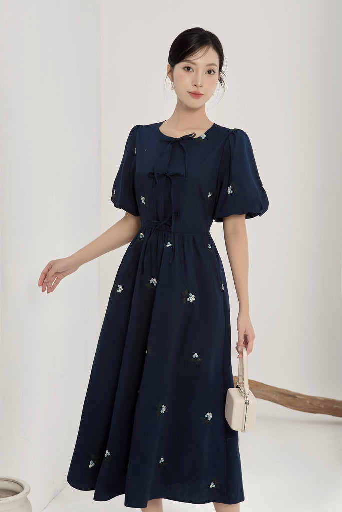 Helena Embroidery Ribbon Tie Midi Dress - Navy [XS/S/M/L/XL/XXL]