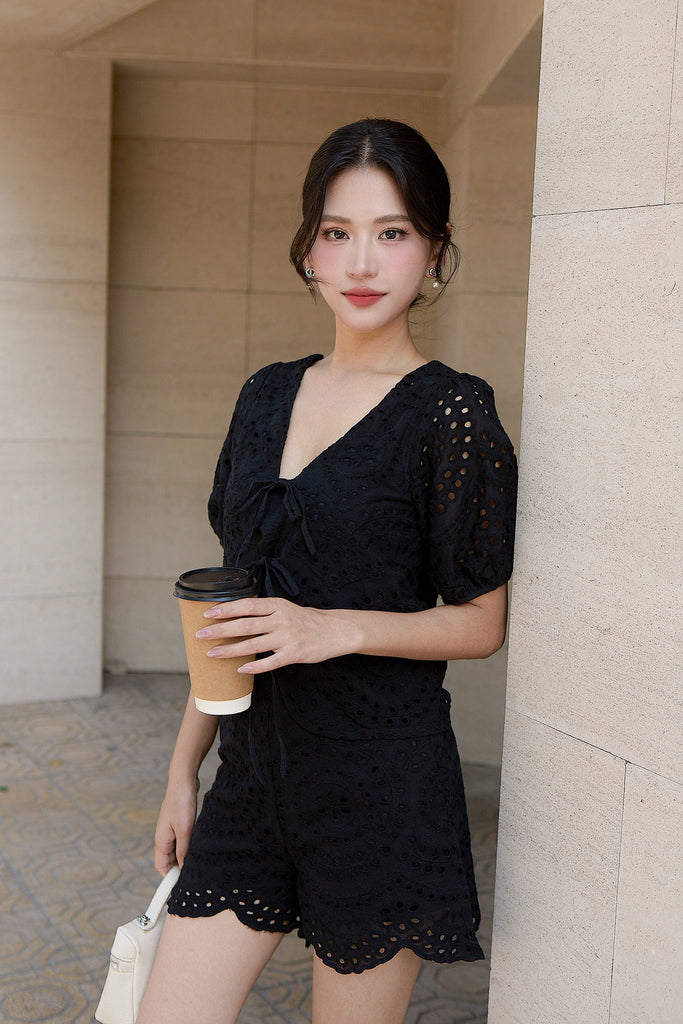 Cora Eyelet Tie Blouse - Black [XS/S/M/L/XL/XXL]