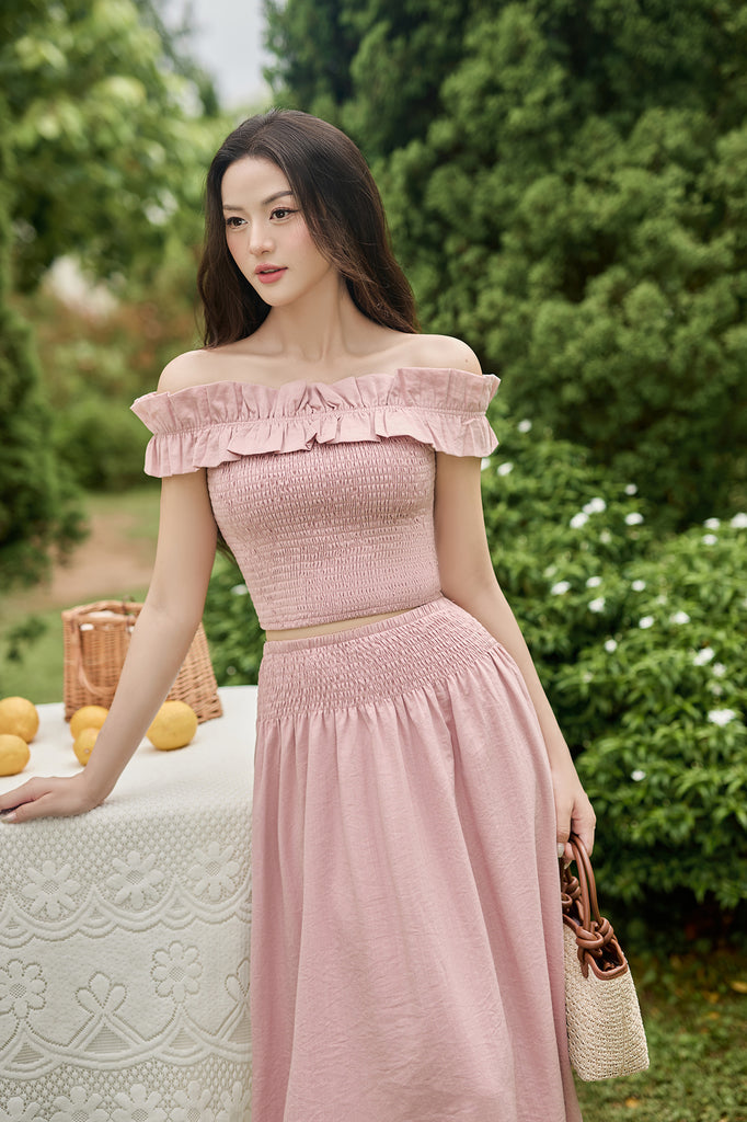 Alice Frill Off Shoulder Smocked Top - Dust Pink [XS/S/M/L/XL/XXL]