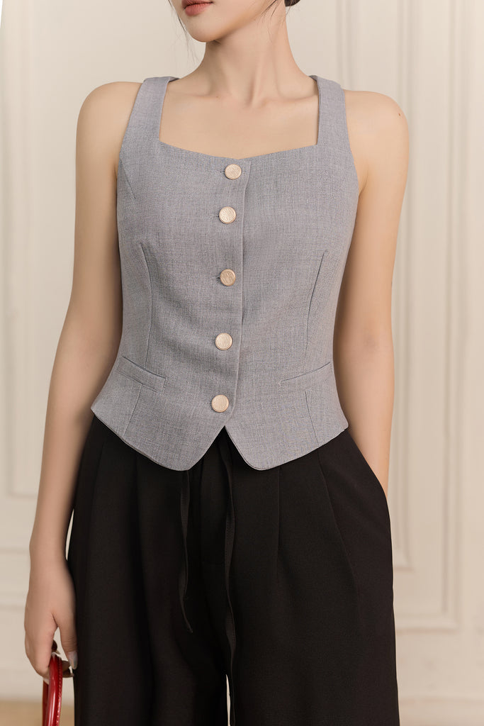 Jenner Gold Buttons Vest Top - Grey [XS/S/M/L/XL]