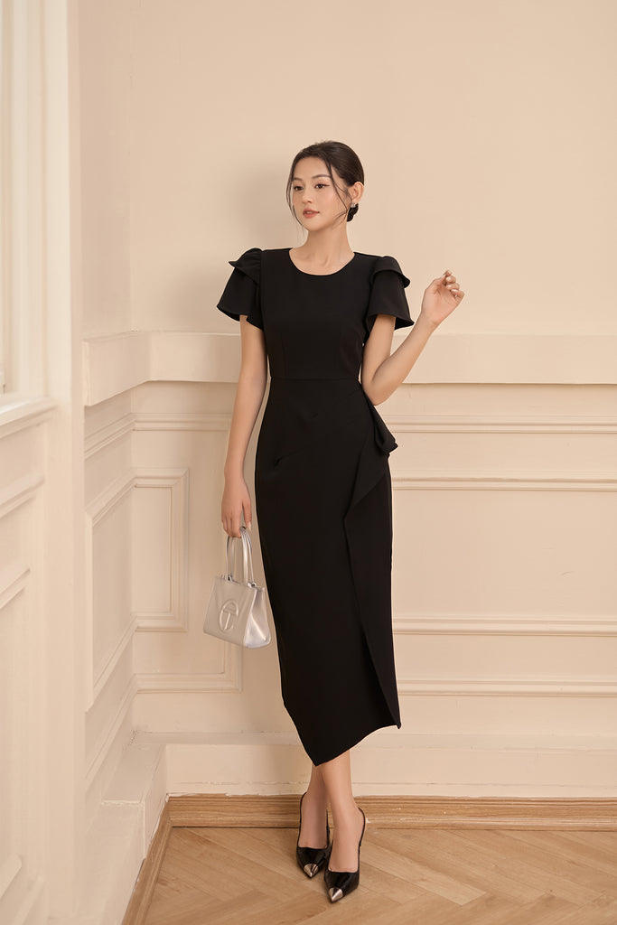 Daphne Cap Sleeves Ruffle Slit Dress - Black [XS/S/M/L/XL/XXL]