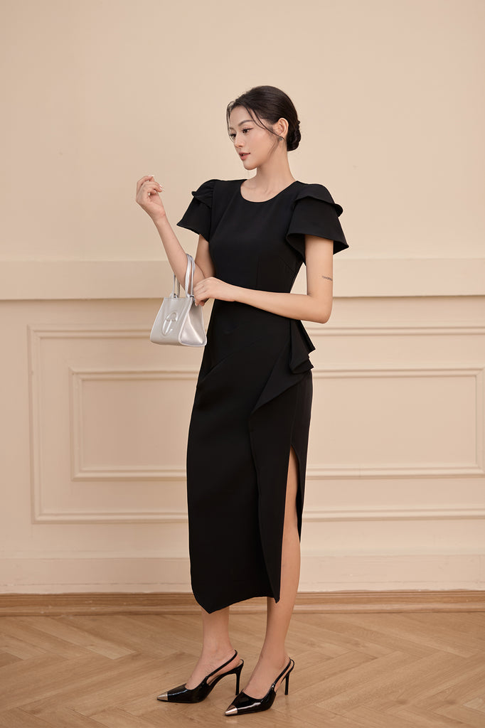 Daphne Cap Sleeves Ruffle Slit Dress - Black [XS/S/M/L/XL/XXL]