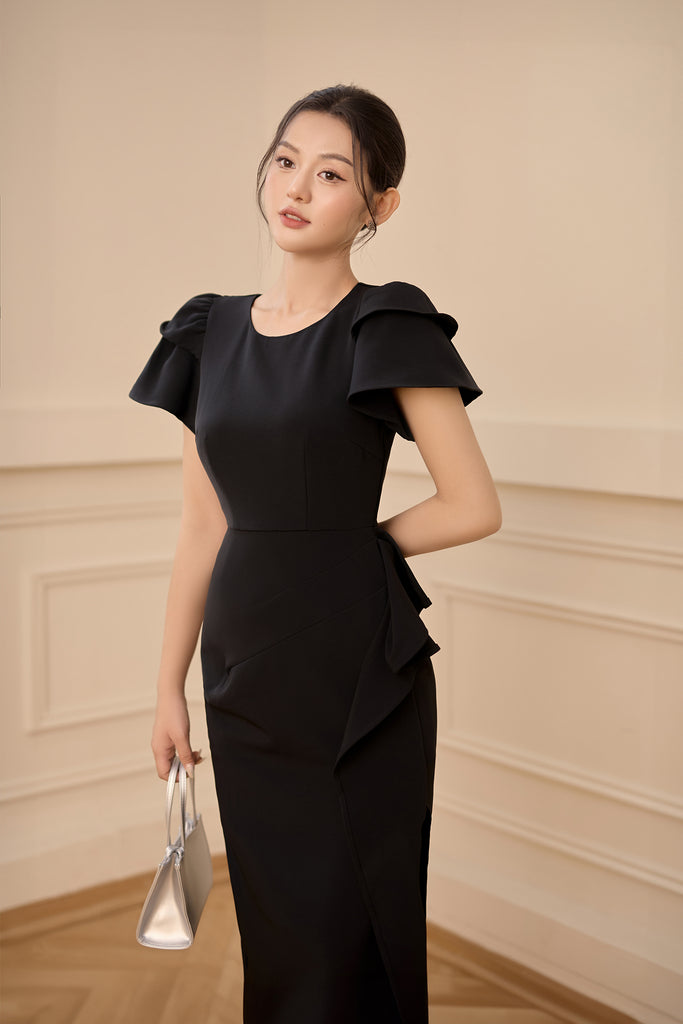 Daphne Cap Sleeves Ruffle Slit Dress - Black [XS/S/M/L/XL/XXL]