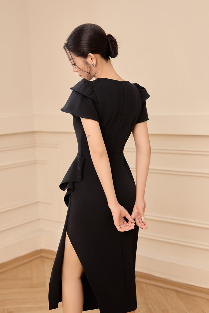 Daphne Cap Sleeves Ruffle Slit Dress - Black [XS/S/M/L/XL/XXL]