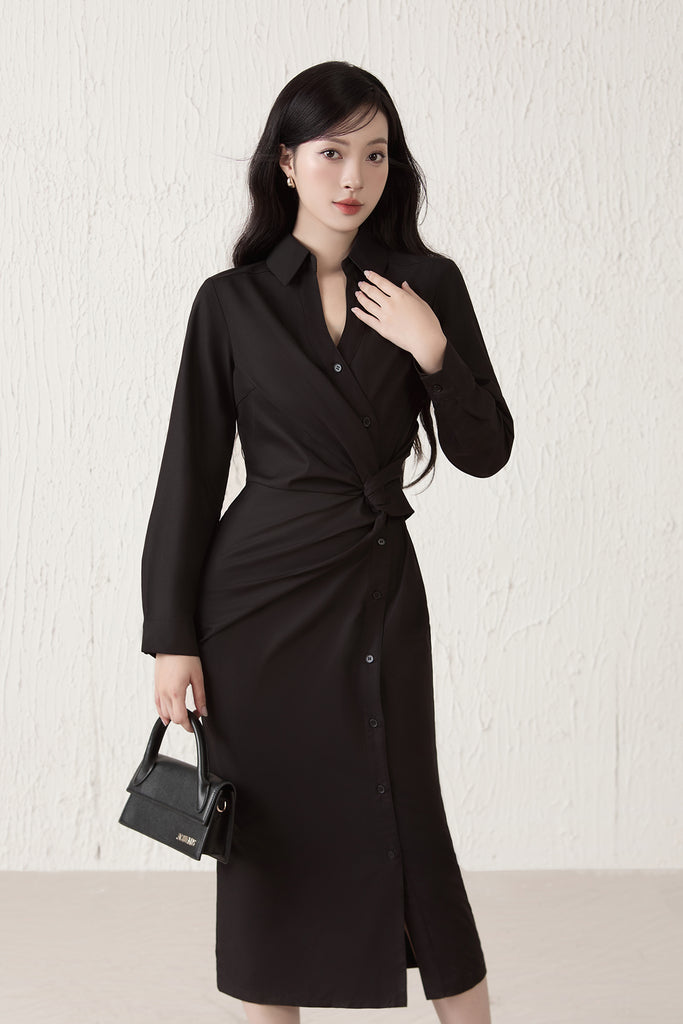 Capri Collar Twist Knot Shirt Dress - Black [XS/S/M/L/XL]