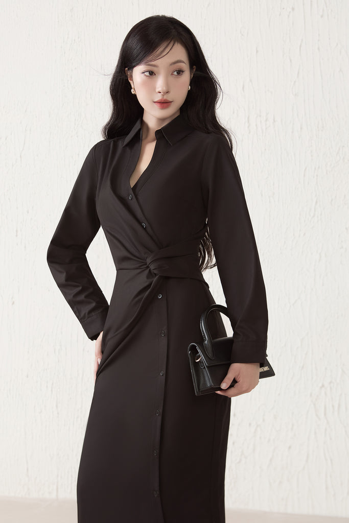 Capri Collar Twist Knot Shirt Dress - Black [XS/S/M/L/XL]