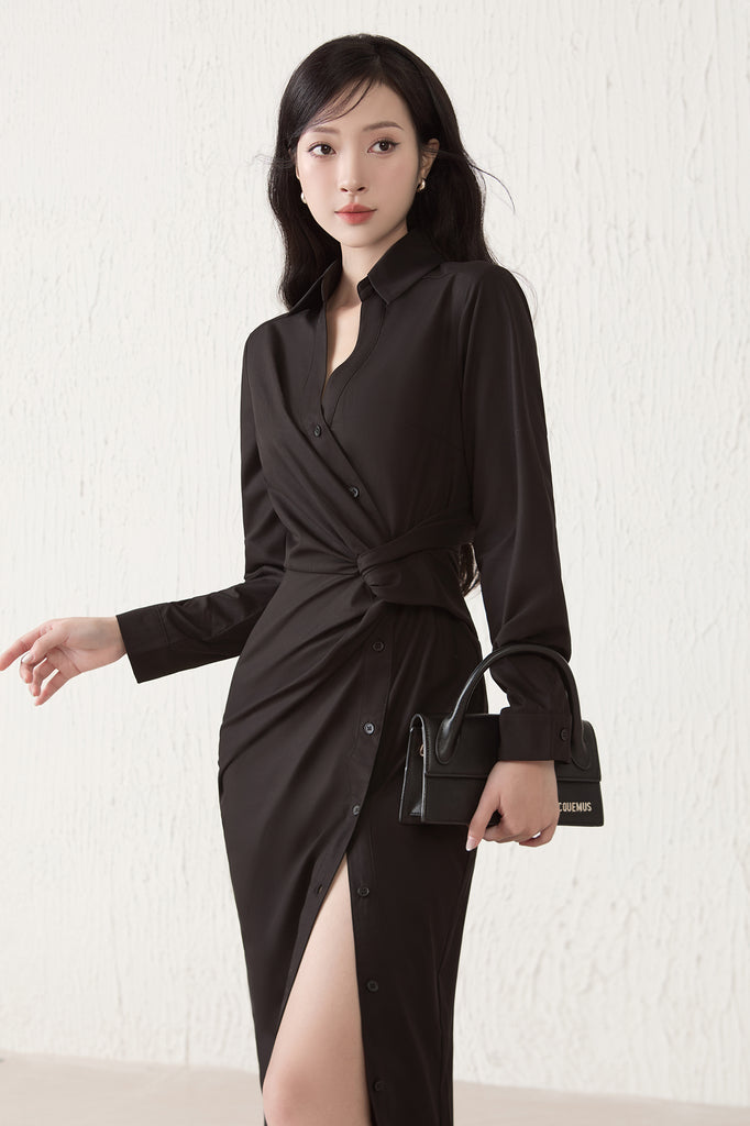 Capri Collar Twist Knot Shirt Dress - Black [XS/S/M/L/XL]