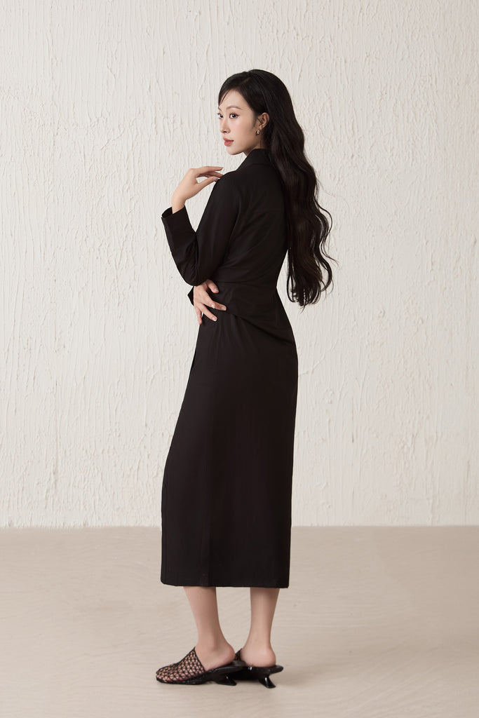 Capri Collar Twist Knot Shirt Dress - Black [XS/S/M/L/XL]