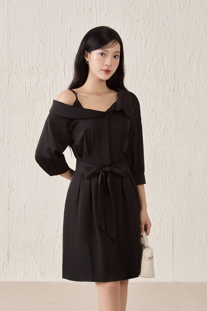 Crystal Sateen Asymmetrical Collar Dress - Black [XS/S/M/L/XL]