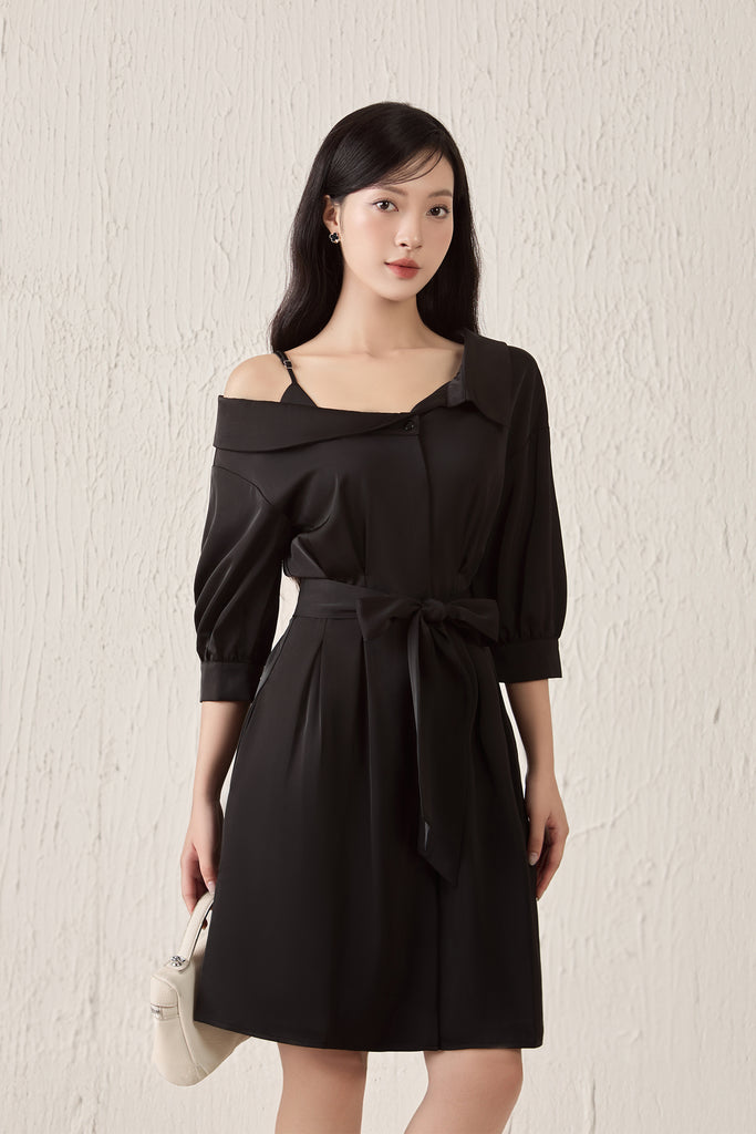 Crystal Sateen Asymmetrical Collar Dress - Black [XS/S/M/L/XL]