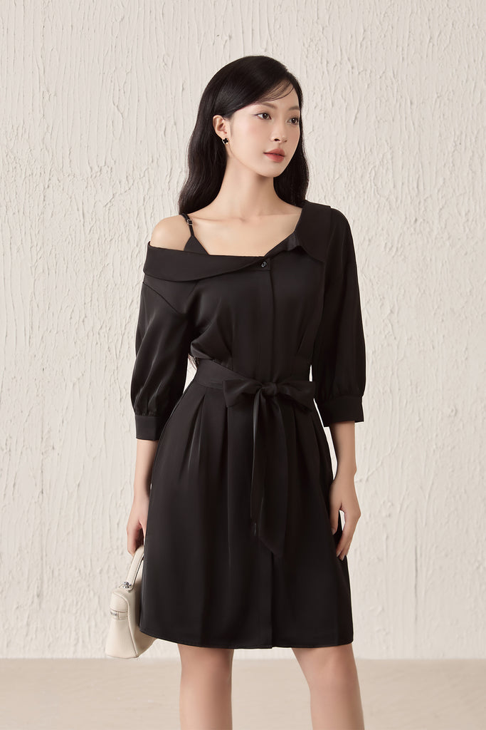 Crystal Sateen Asymmetrical Collar Dress - Black [XS/S/M/L/XL]