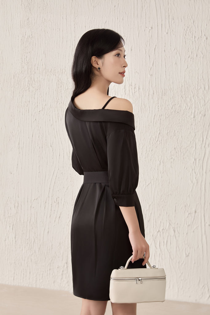 Crystal Sateen Asymmetrical Collar Dress - Black [XS/S/M/L/XL]