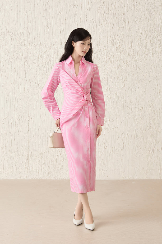 Capri Collar Twist Knot Shirt Dress - Pink Stripes [XS/S/M/L/XL]