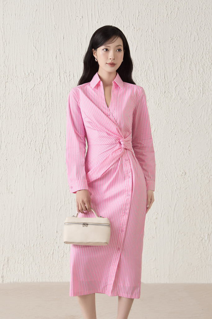 Capri Collar Twist Knot Shirt Dress - Pink Stripes [XS/S/M/L/XL]