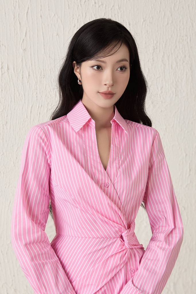 Capri Collar Twist Knot Shirt Dress - Pink Stripes [XS/S/M/L/XL]