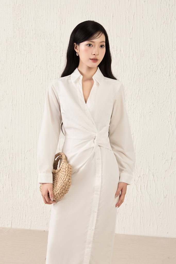 Capri Collar Twist Knot Shirt Dress - White [XS/S/M/L/XL]