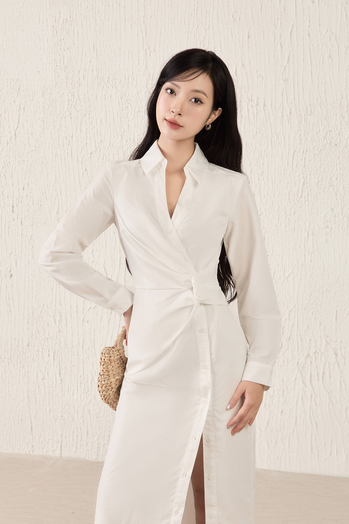 Capri Collar Twist Knot Shirt Dress - White [XS/S/M/L/XL]