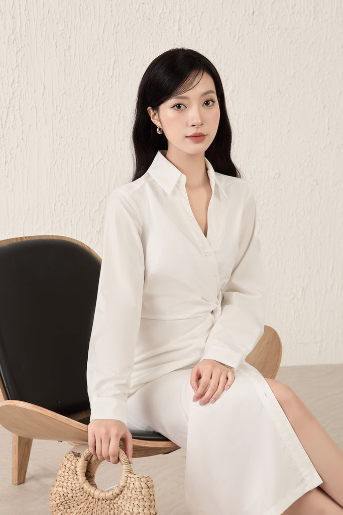 Capri Collar Twist Knot Shirt Dress - White [XS/S/M/L/XL]