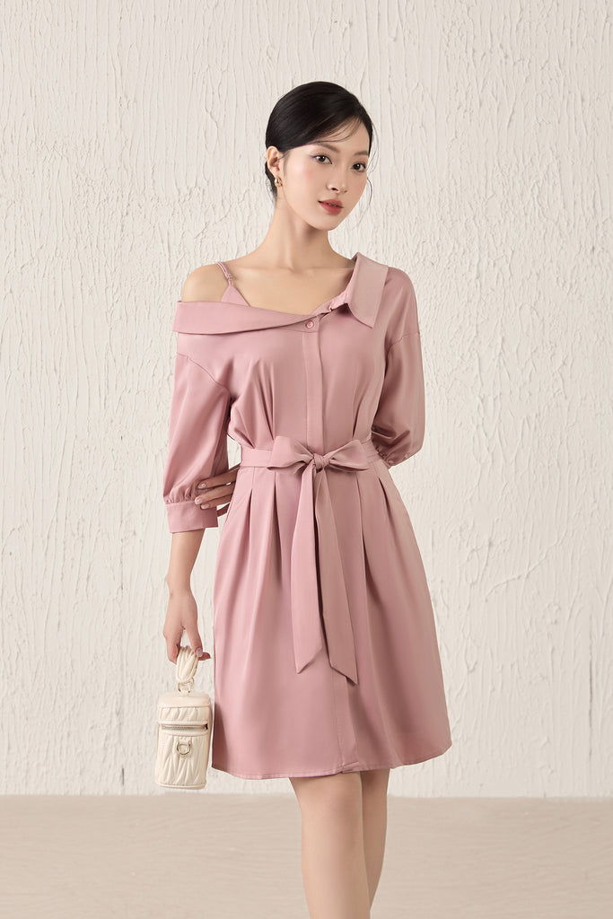 Crystal Sateen Asymmetrical Collar Dress - Rose Gold [XS/S/M/L/XL]