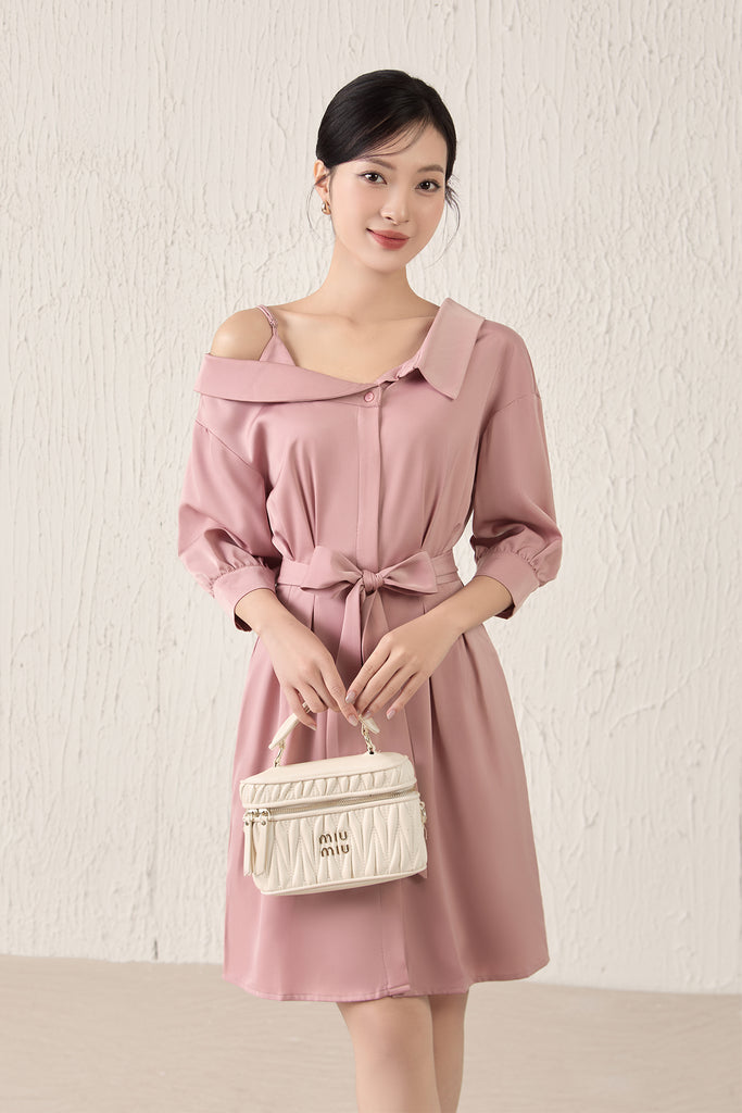 Crystal Sateen Asymmetrical Collar Dress - Rose Gold [XS/S/M/L/XL]