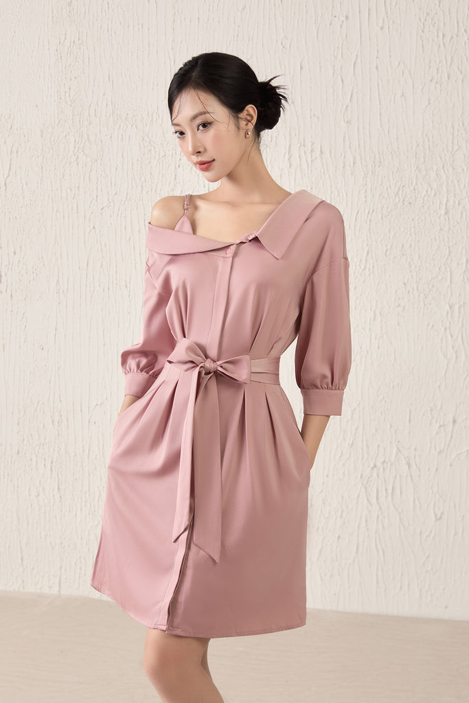 Crystal Sateen Asymmetrical Collar Dress - Rose Gold [XS/S/M/L/XL]